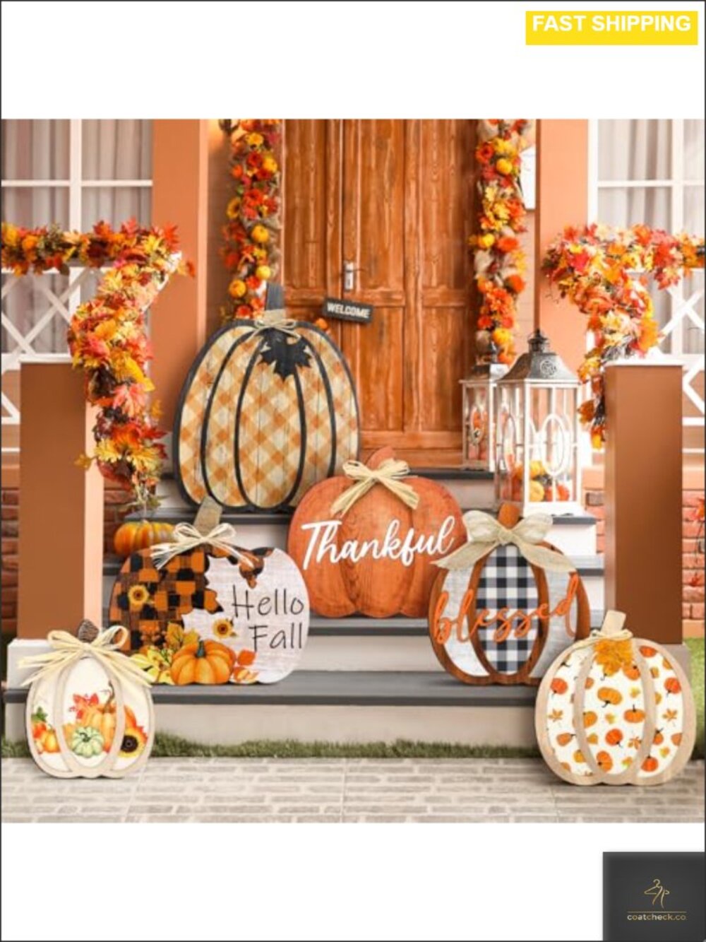 Set of 6 Wooden Pumpkin Porch Signs Fall Thanksgiving Yard Decor